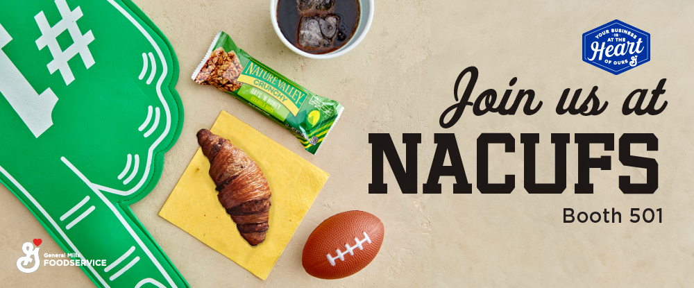  A promotional banner for General Mills Foodservice at NACUFS Booth 501. The banner features a foam finger, a Nature Valley granola bar, a croissant on a napkin, a cup of coffee, and a small football, with the text 
